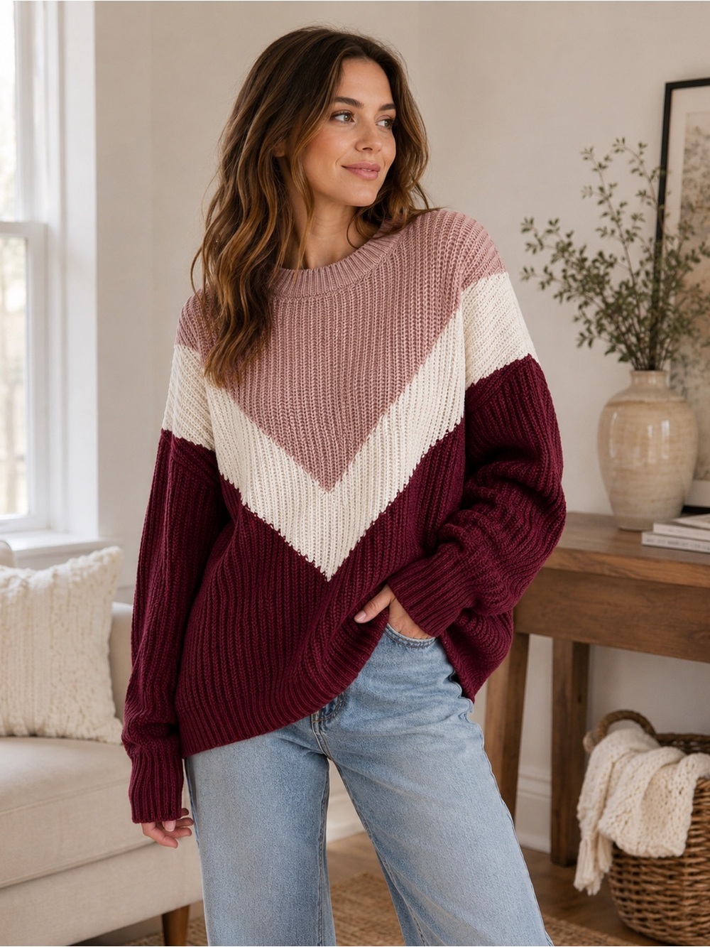 Soft Comfy Burgundy Dusty Rose Cream cotton Block Oversized Sweater Medium knit